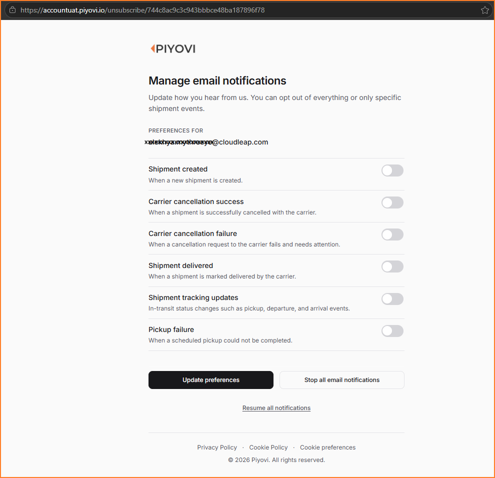 Manage email notifications page listing toggles for each shipment notification type, with Update preferences, Stop all email notifications, and Resume all notifications options