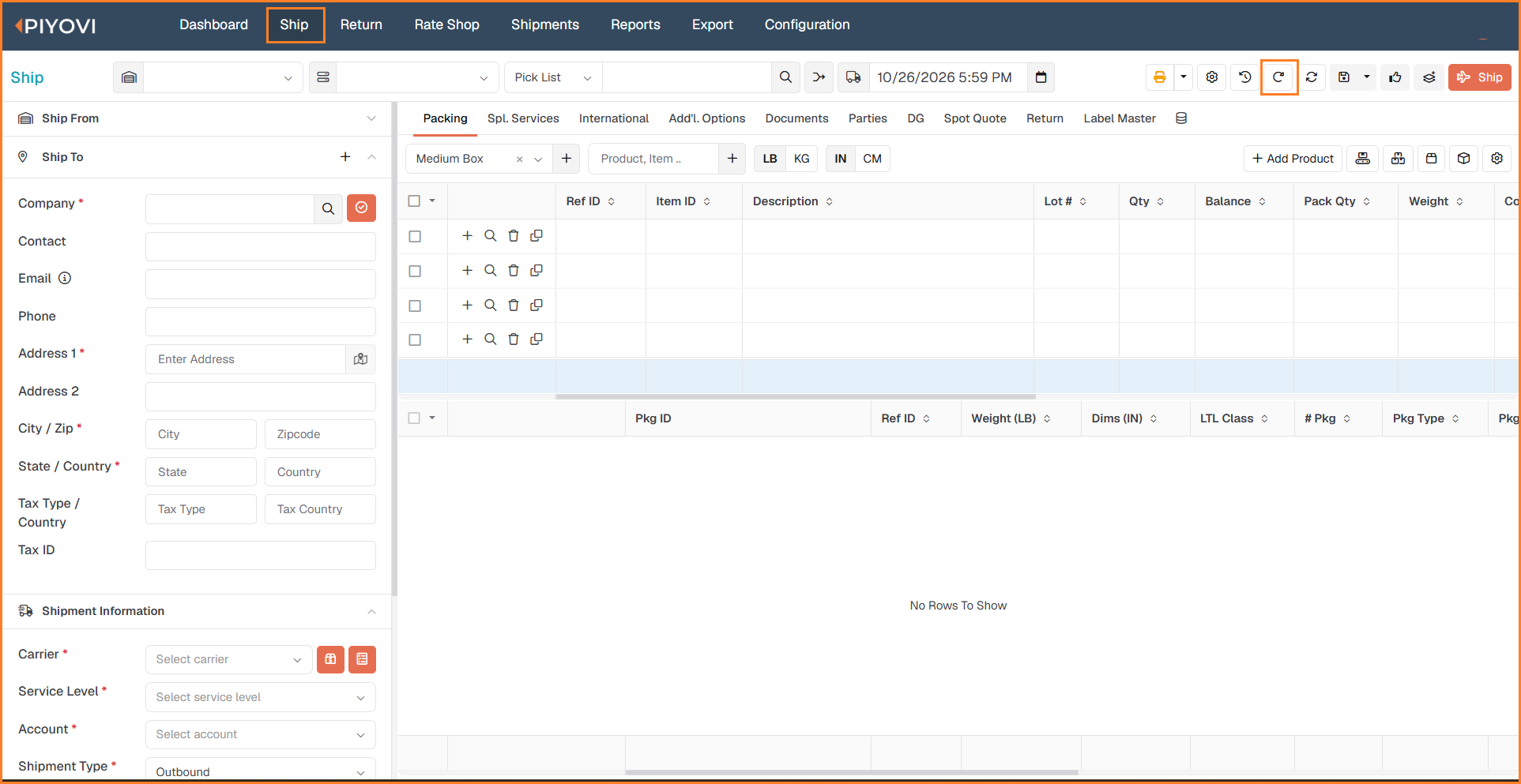 Ship screen with the Ship menu and the Refresh icon in the top toolbar highlighted