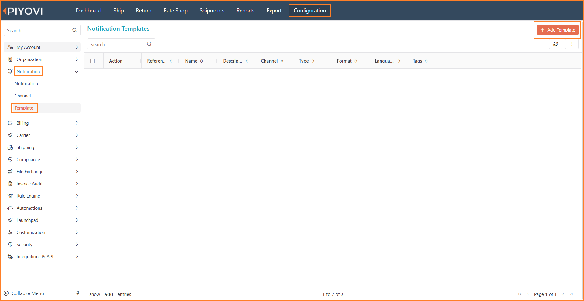 Notification Templates list under Configuration → Notification → Template with the Add Template button highlighted