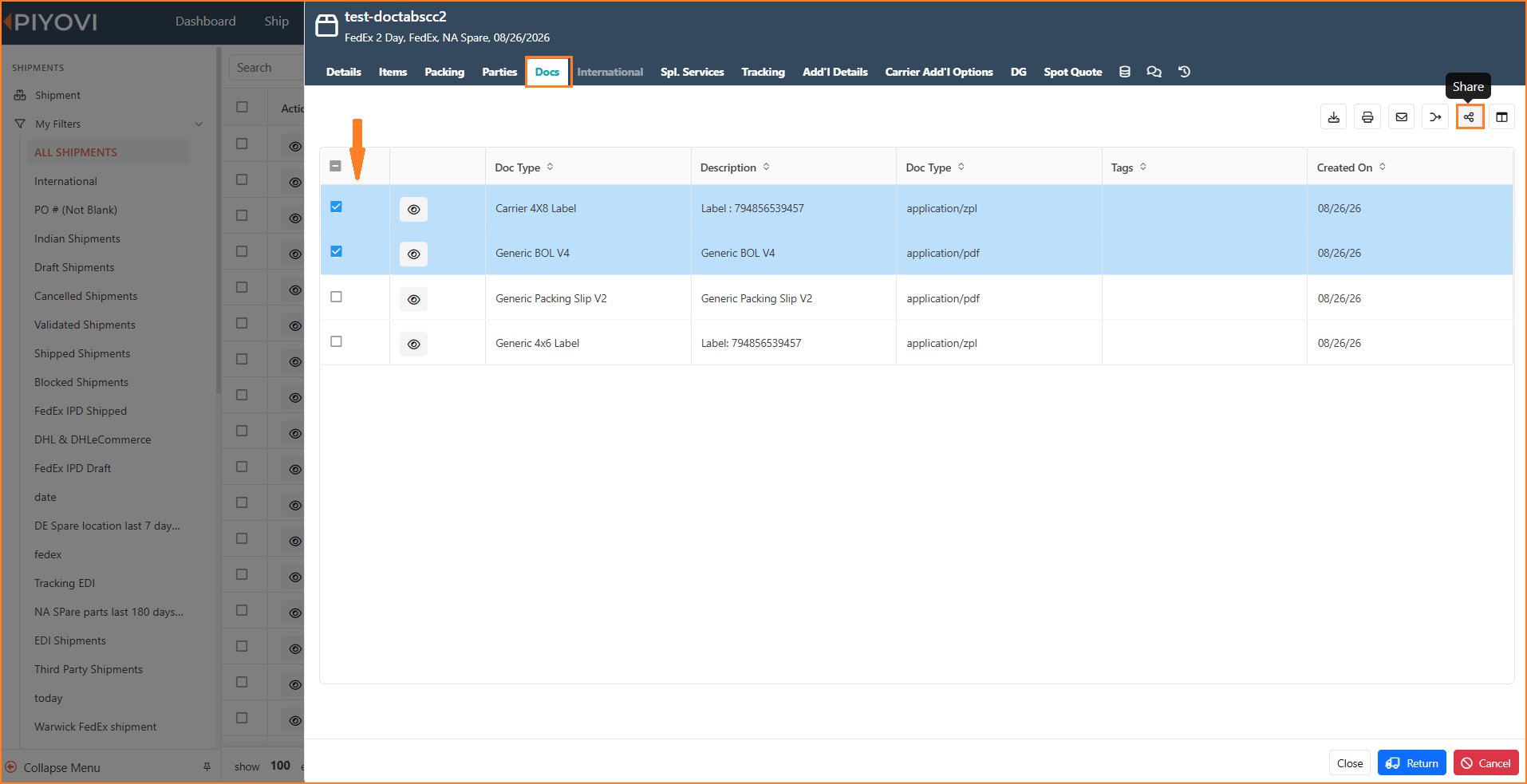 Shipment Docs tab with two documents checked and the Share icon highlighted in the toolbar, next to the print and email icons.png