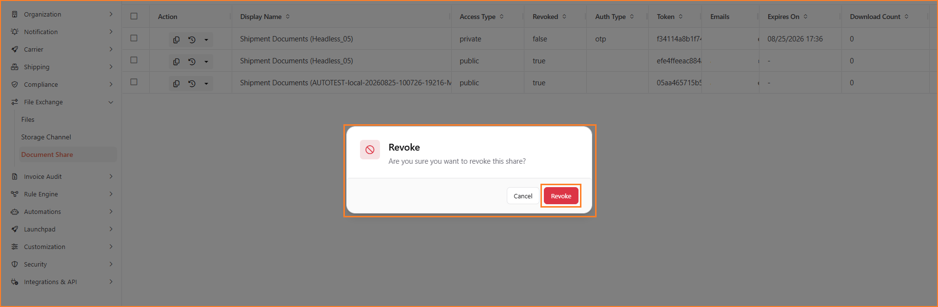 Revoke document share confirmation dialog with Cancel and Revoke buttons.