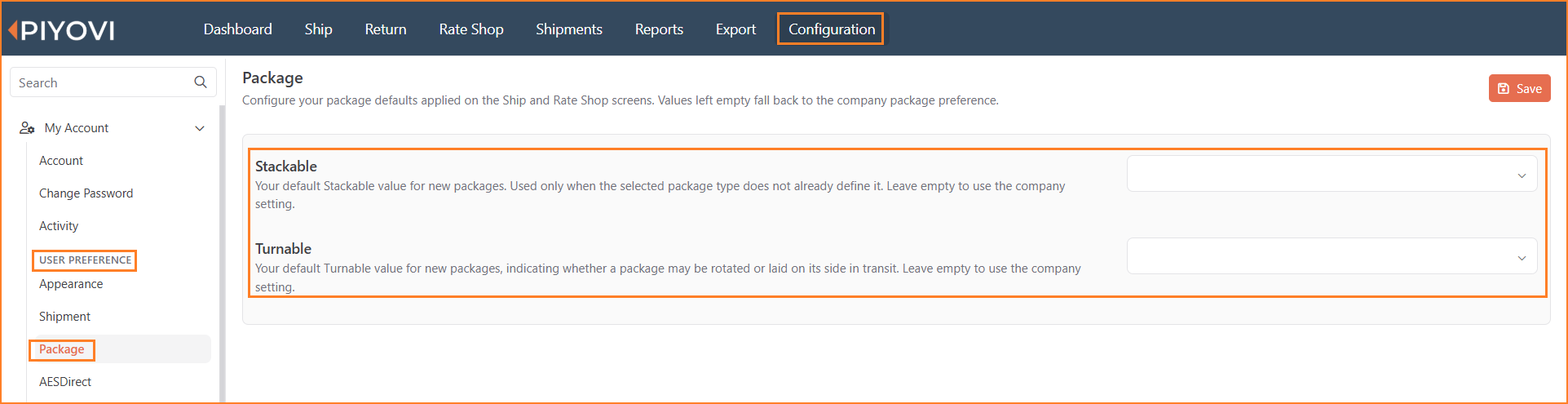 User Preference Package page under My Account with empty Stackable and Turnable fields highlighted