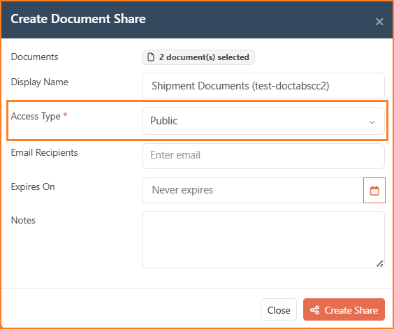Create Document Share panel with Access Type set to Public, showing Documents, Display Name, Email Recipients, Expires On, and Notes fields with no authentication fields