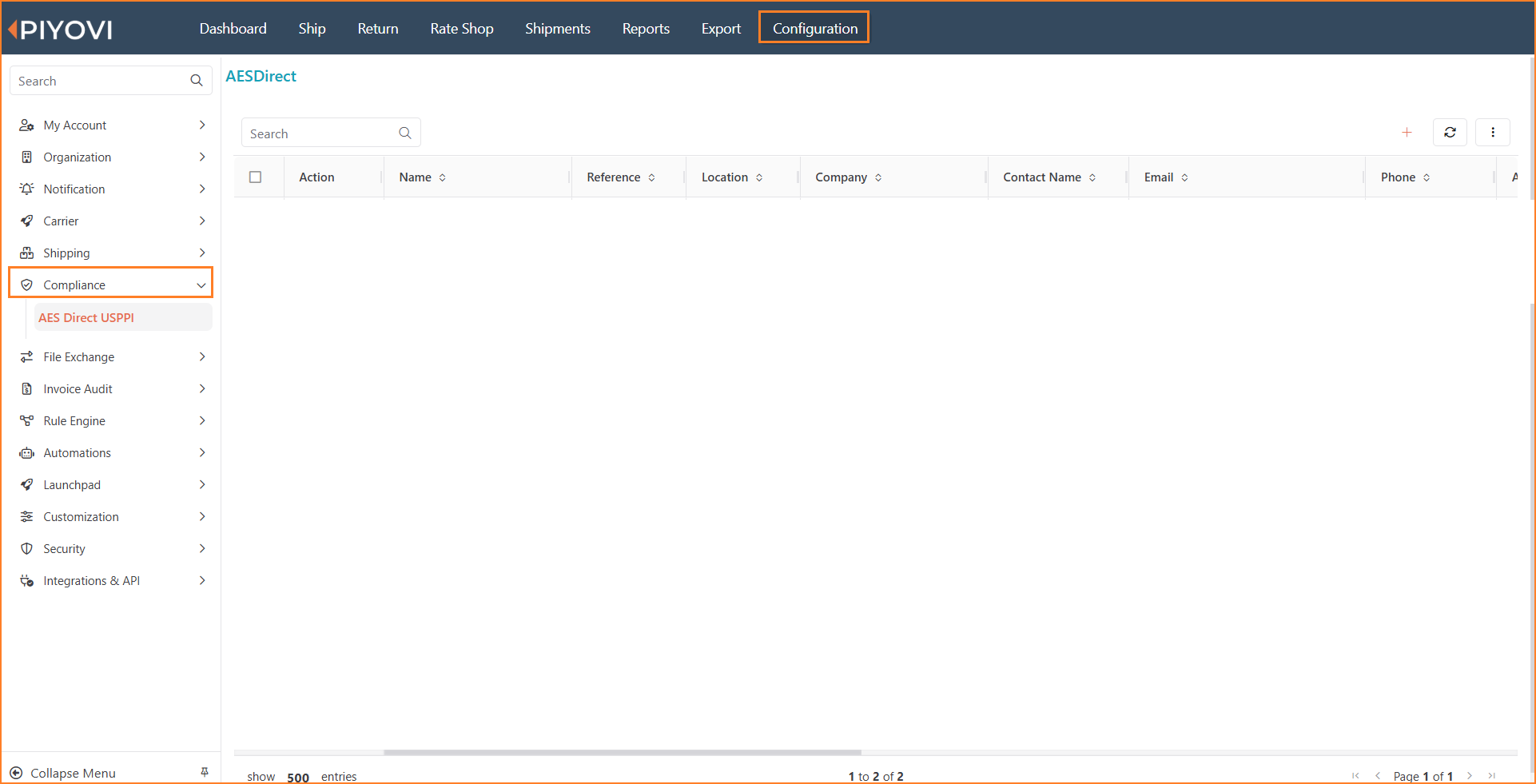 Configuration Compliance section showing the sidebar grouped separately from Shipping, with a compliance list page open.png