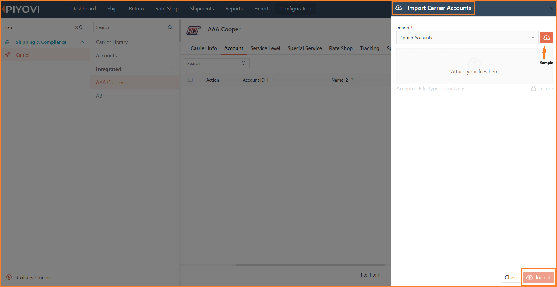 Import panel for Carrier Accounts with file attach control for xlsx only