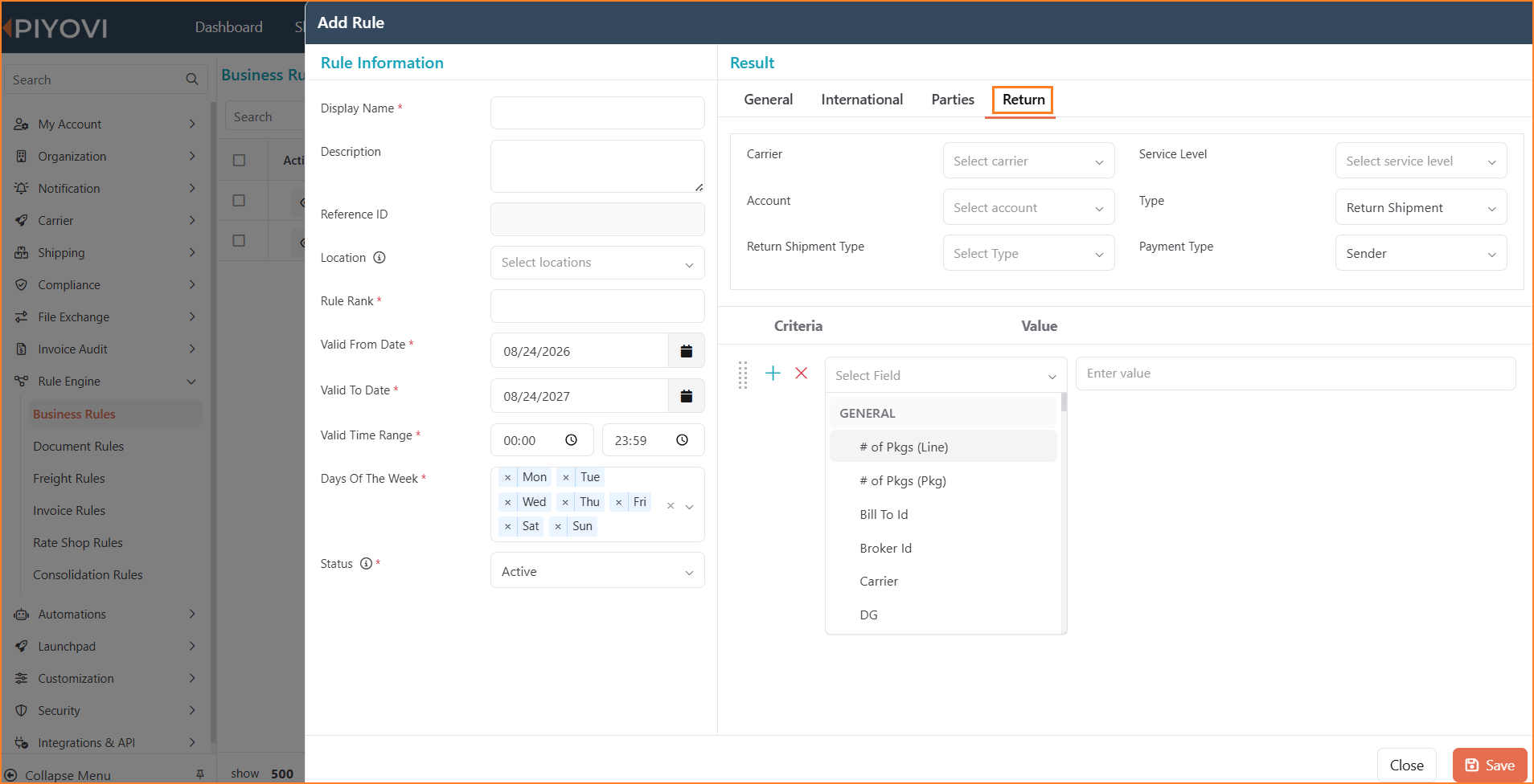 Add Rule screen in Business Rules showing the Return tab with Carrier, Service Level, Account, Type, Return Shipment Type, and Payment Type fields configured.