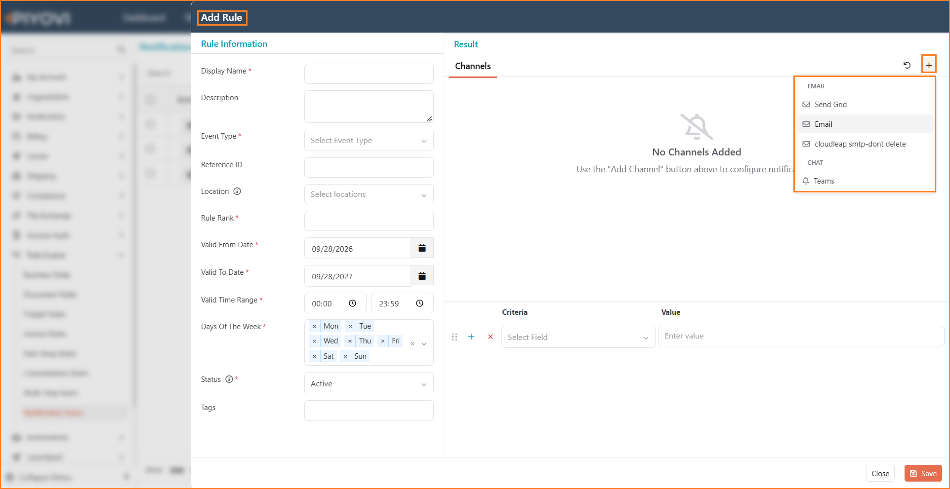Add Rule dialog with the add channel menu open, listing Email channels Send Grid, Email, and an SMTP channel, and the Teams chat channel
