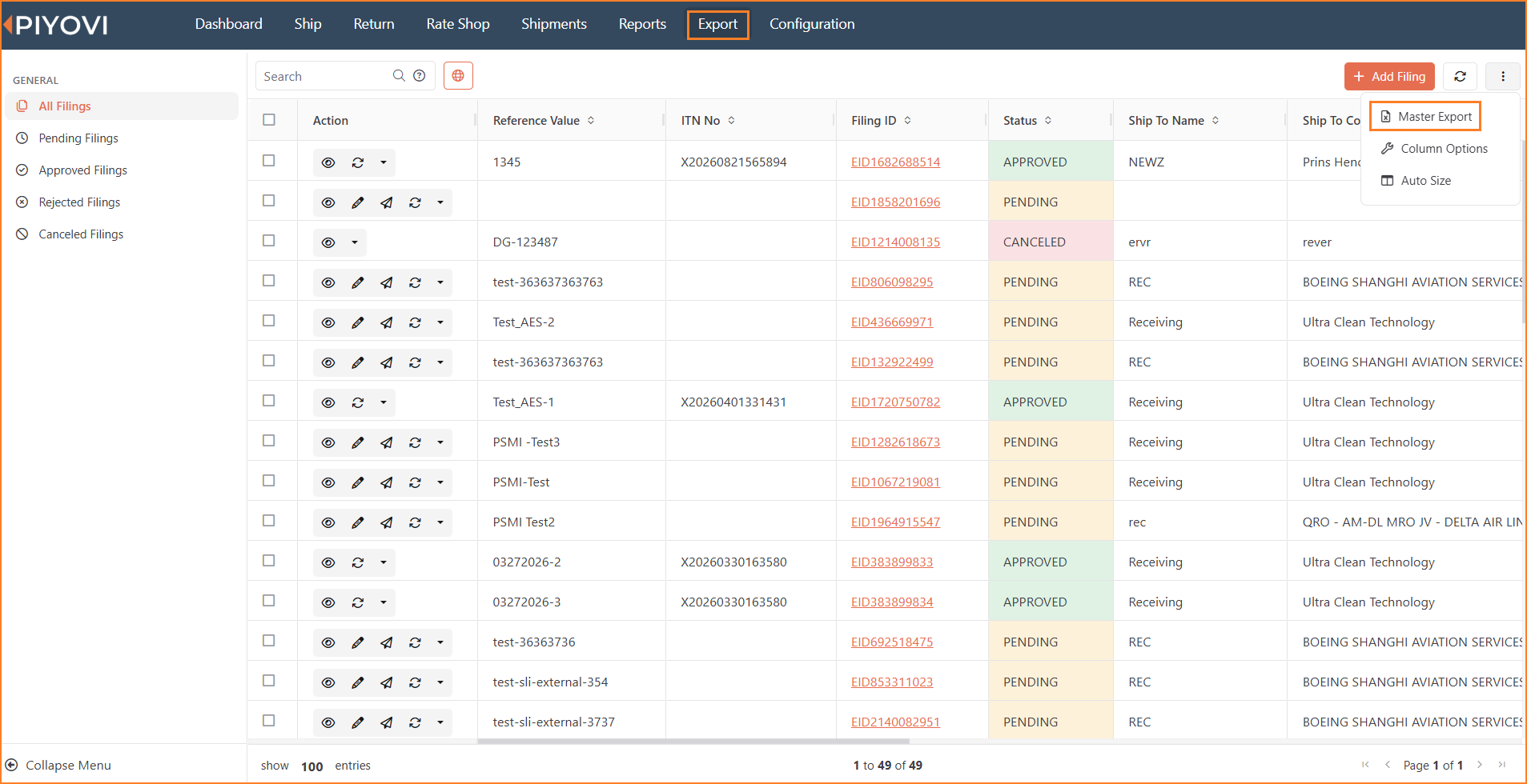 Filings grid with three dots menu showing Master Export.png
