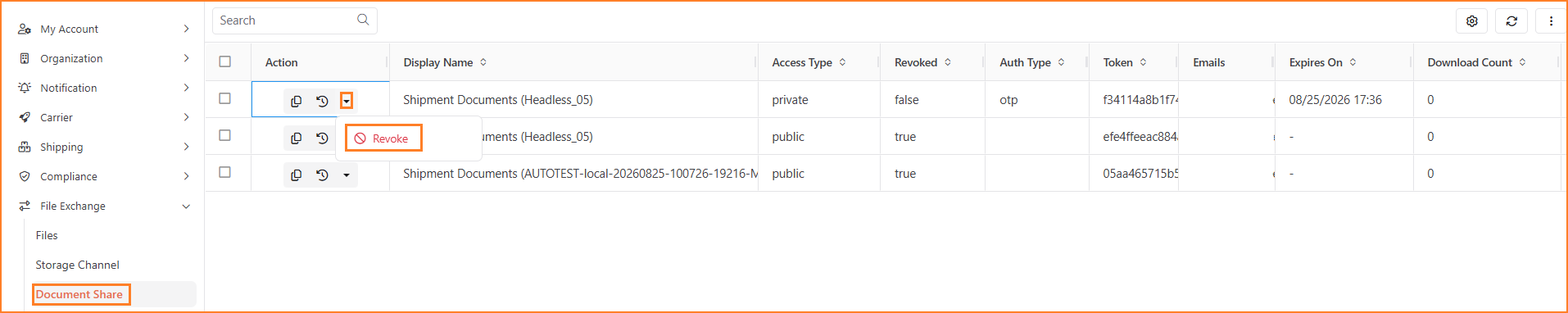 Document Share grid with the Revoke action highlighted for a selected share row
