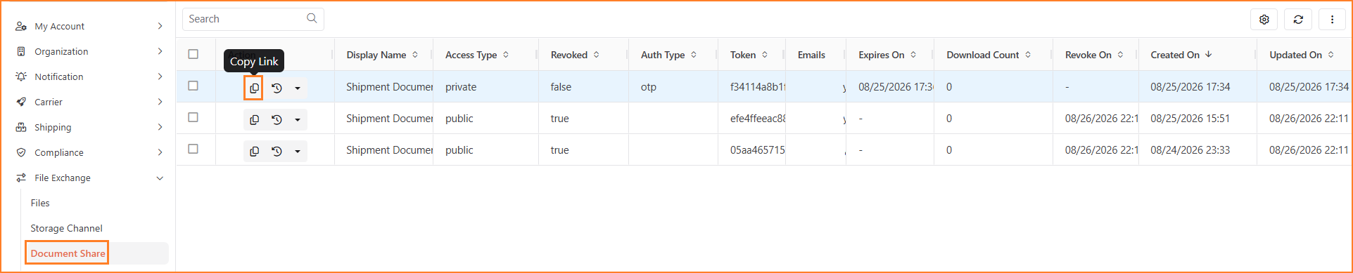 Document Share grid with the View Activity action highlighted for a selected share row