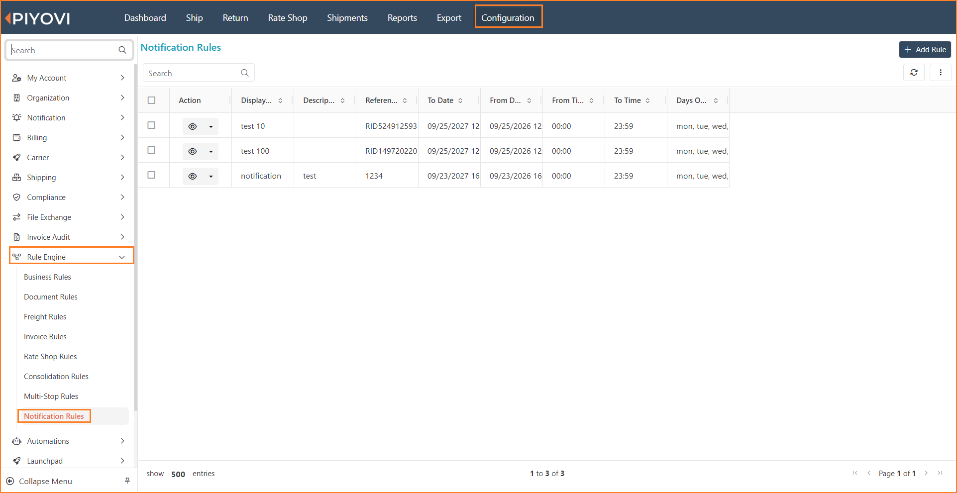 Notification Rules list under Configuration → Rule Engine, with Configuration, Rule Engine, and Notification Rules highlighted in the menu