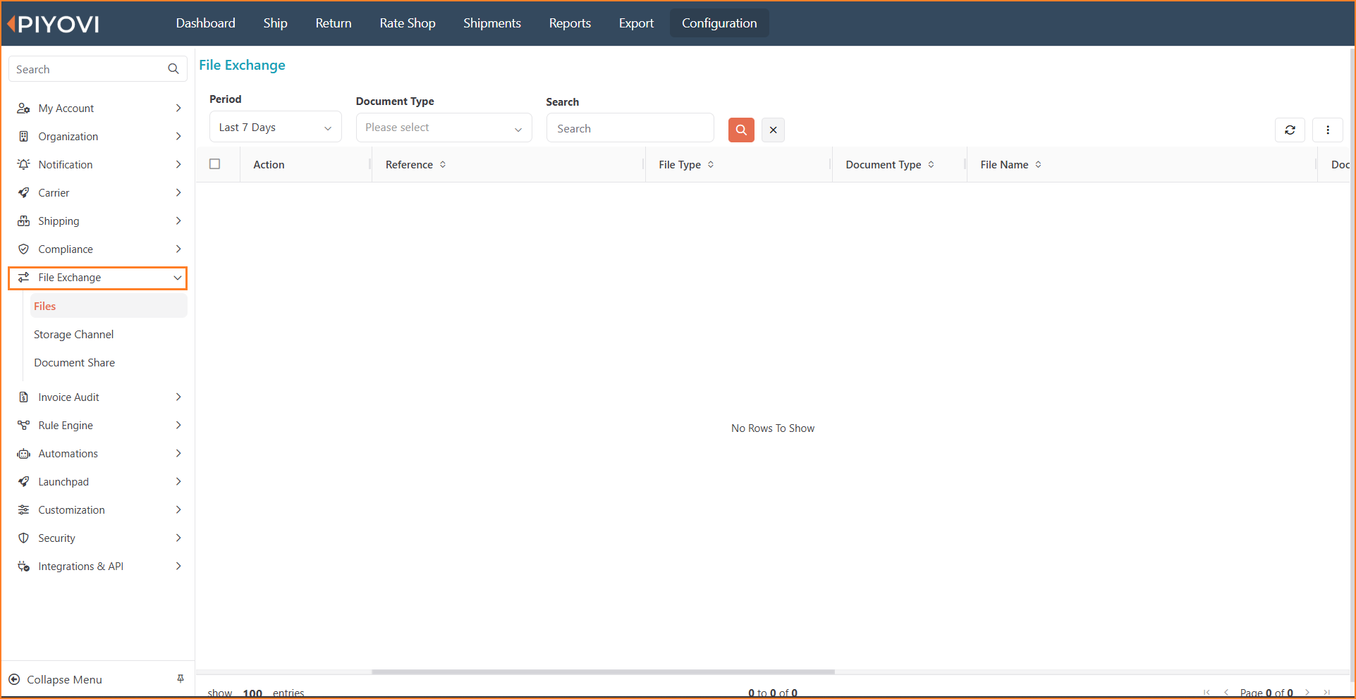 Configuration File Exchange section showing the sidebar and file list with Period and Document Type filters.png