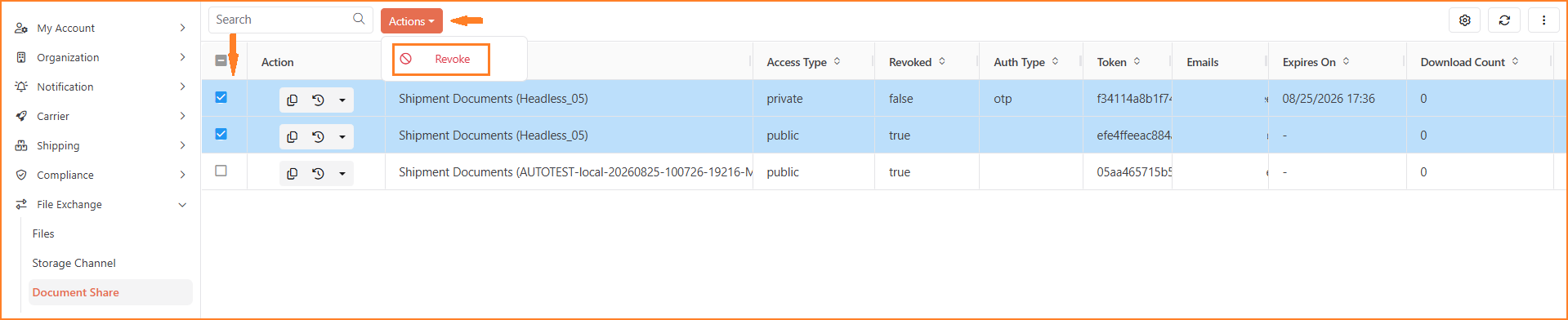 Document Share grid with the Actions menu open and Revoke selected for a share