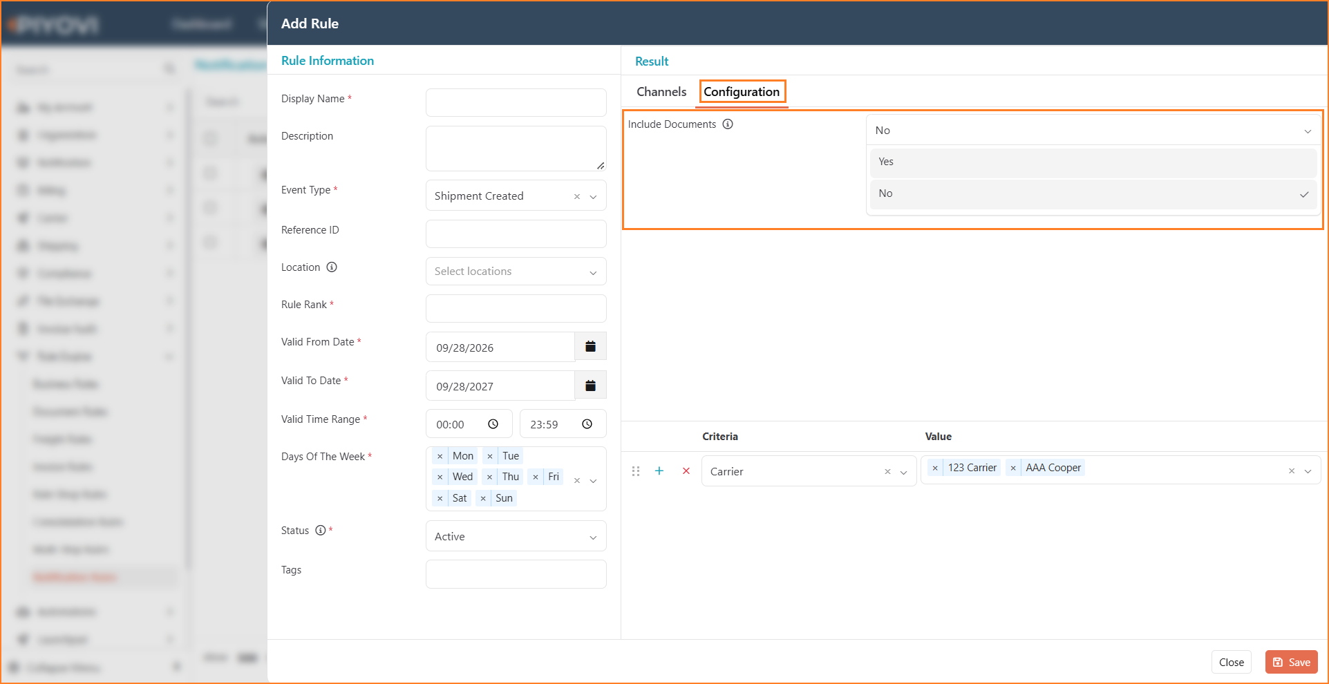 Add Rule dialog on the Configuration tab with the Include Documents dropdown open, showing Yes and No with No selected