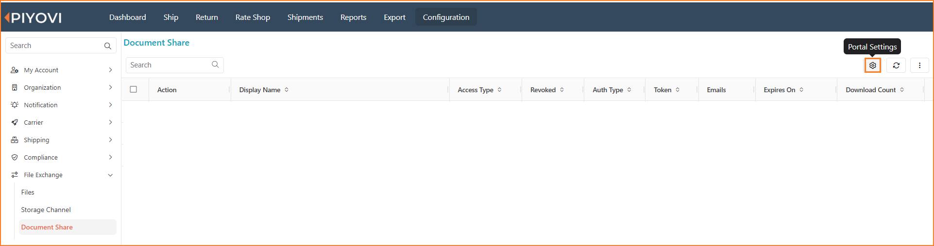 Document Share grid with the Portal Settings option open from the gear icon menu