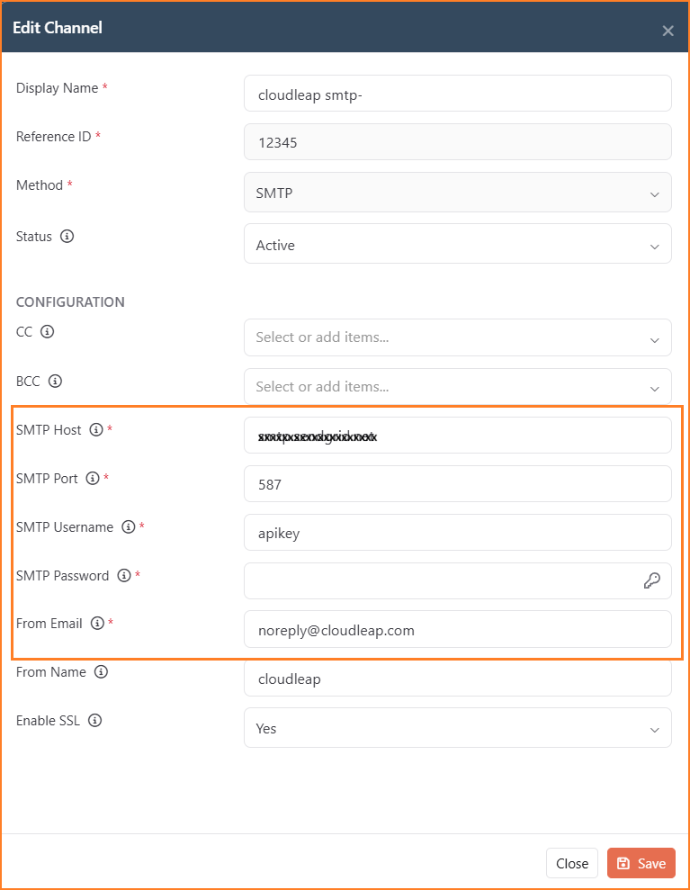 Edit Channel dialog for an SMTP channel, with the SMTP Host, Port, Username, Password, and From Email fields highlighted and From Email set to a no-reply address