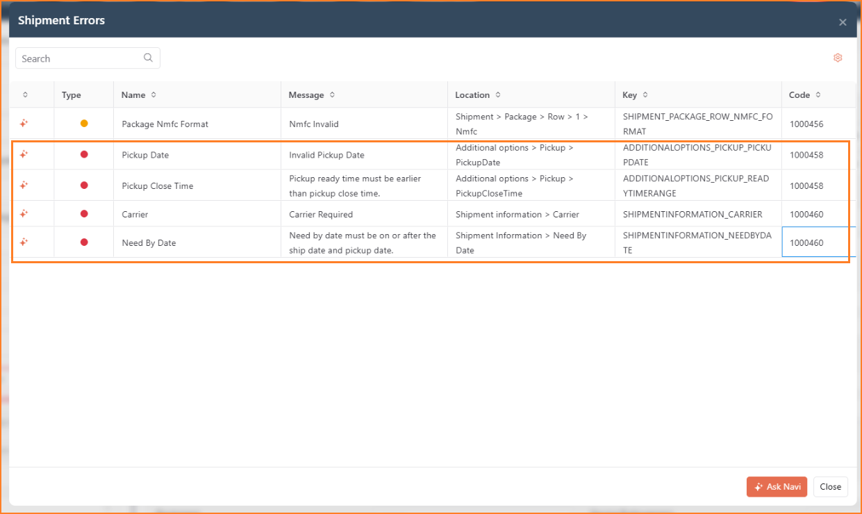 Shipment Errors window listing validation messages for Pickup Date, Pickup Close Time, and Need By Date