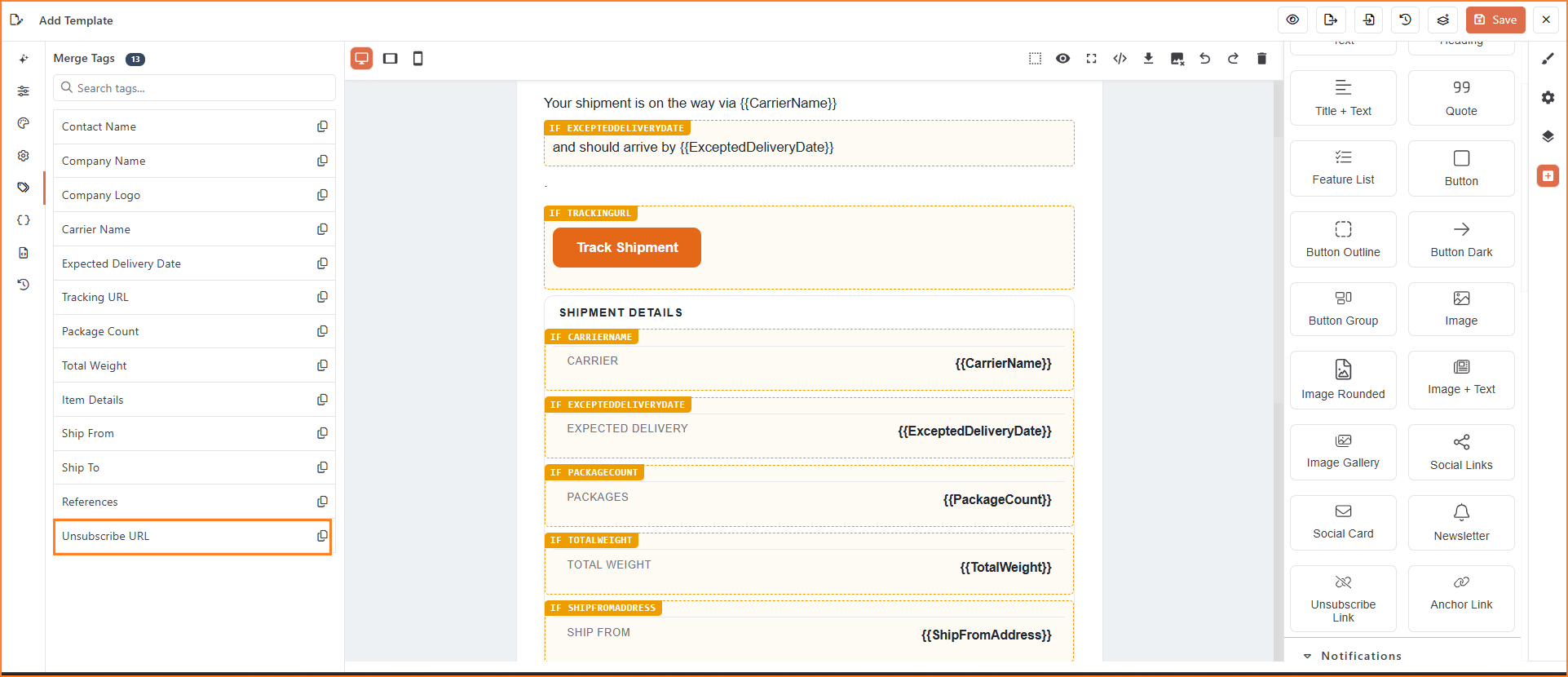 Add Template editor with the Merge Tags panel open on the left and the Unsubscribe URL merge tag highlighted