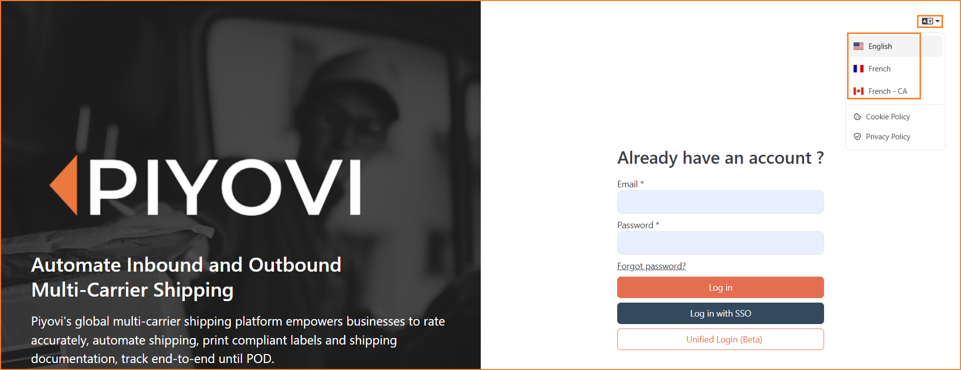 Piyovi sign-in page with the language menu open in the top-right corner, listing English, French, and French - CA