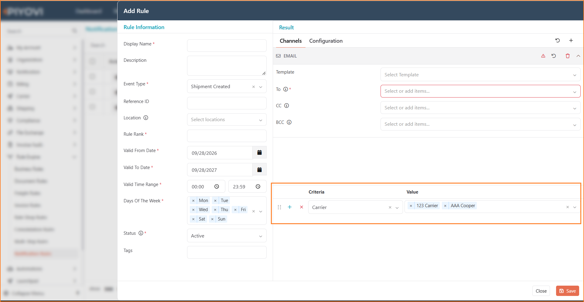 Add Rule dialog with the Criteria row highlighted, filtering on Carrier with the values 123 Carrier and AAA Cooper