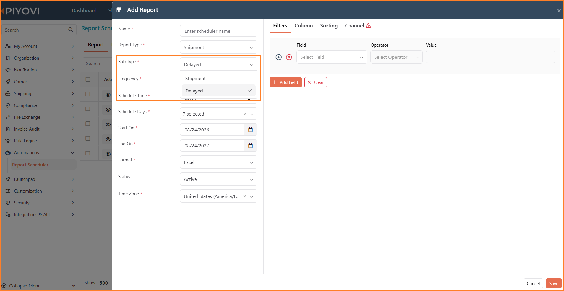 Add Report screen with Report Type set to Shipment and Shipment Report Sub-Type set to Delayed Shipments, alongside filter, frequency, and schedule options.