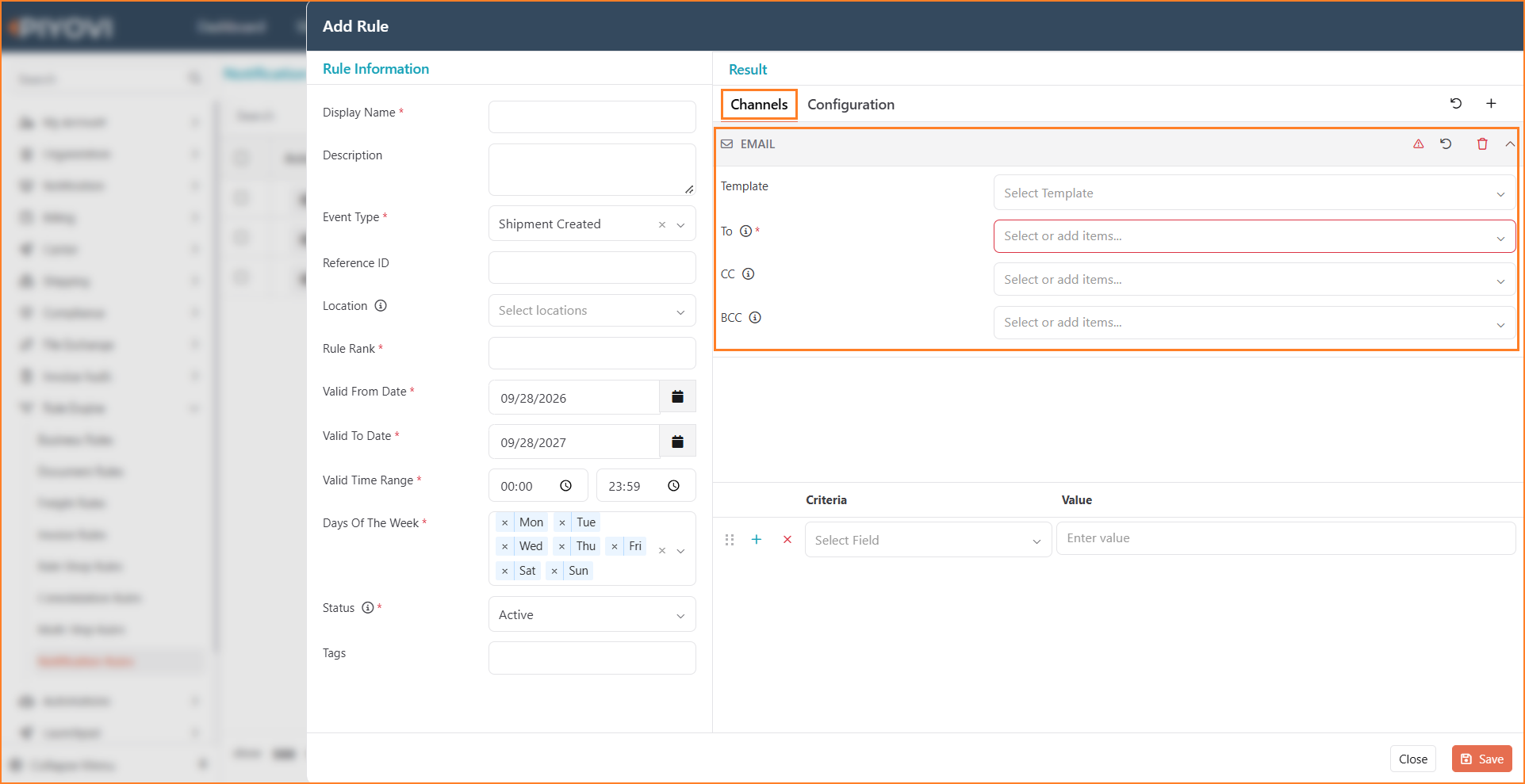 Add Rule dialog on the Channels tab with an Email channel added, showing Template, To, CC, and BCC fields