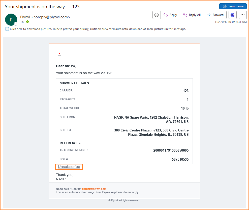 Delivered Shipment Created email in Outlook, showing shipment details and references, with the Unsubscribe link highlighted below the details