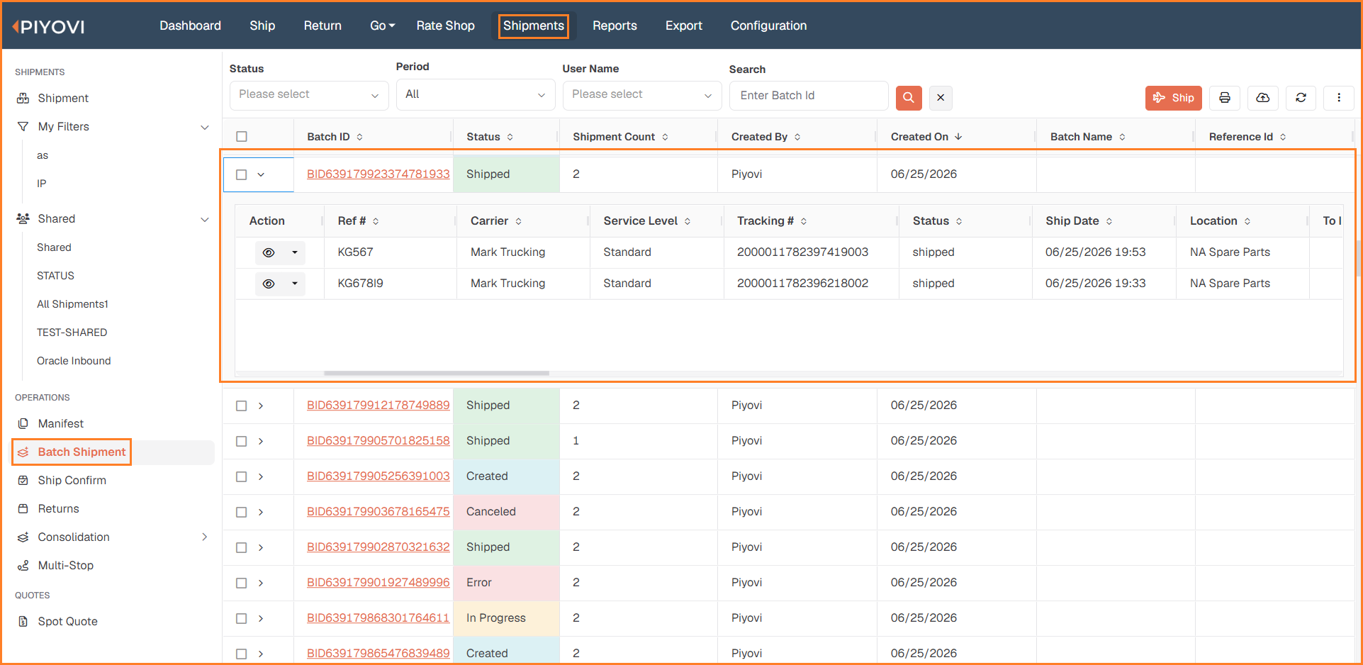 Batch Shipment list with one batch expanded, showing its shipments with action, carrier, service level, tracking number, status, and ship date, highlighted