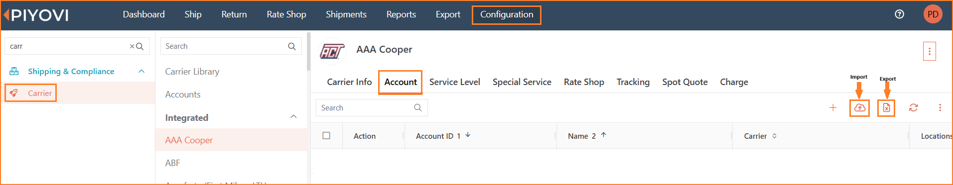 Carrier Account tab toolbar showing Import cloud icon and Export Excel icon