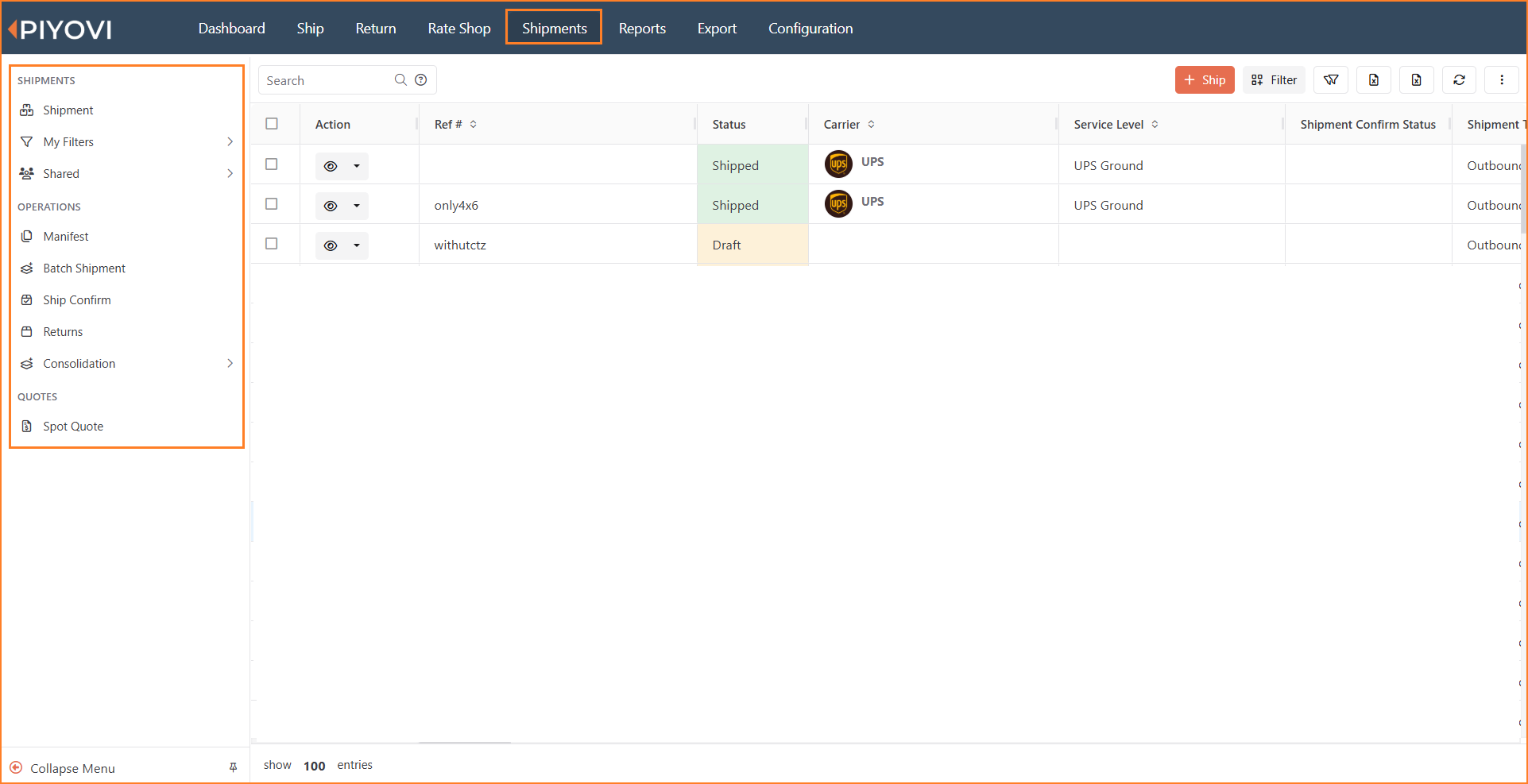 Shipments page showing the sidebar with Manifest, Batch Shipment, Ship Confirm, Returns, Consolidation, and Spot Quote, and toolbar actions above the shipment list.png