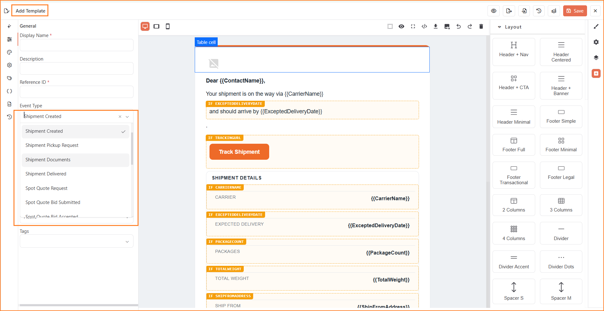 Template Editor with the Event Type dropdown open, listing Shipment and Spot Quote event types