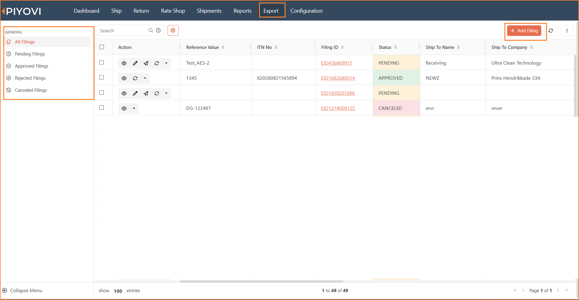 AESDirect page showing the sidebar filters for All, Pending, Approved, Rejected, and Canceled Filings.png