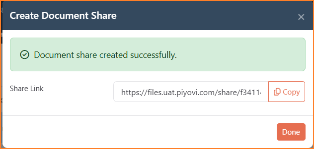 Create Document Share success panel showing the generated Share Link for an Email OTP share