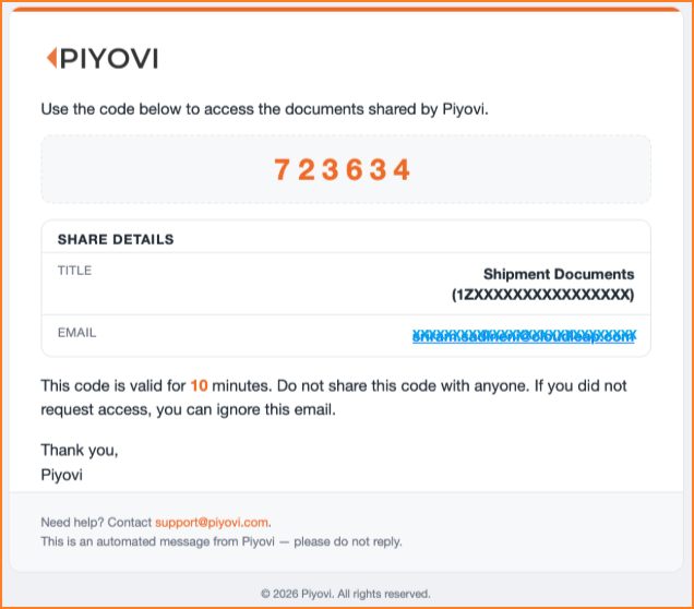 Branded notification email from Piyovi showing the share title, expiration date, document count, and a View Documents button
