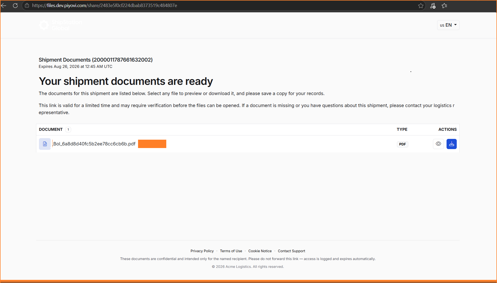 Recipient-facing document share portal showing the share title, expiration date, a document list with preview and download icons, and footer links for privacy policy, terms, and contact support