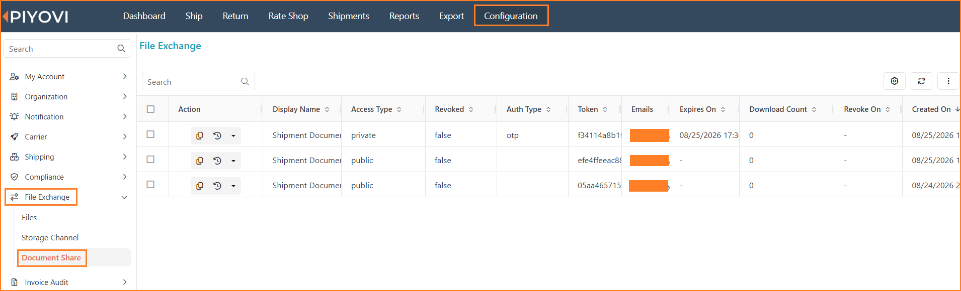 Document Share grid under Configuration → File Exchange listing all shares with columns for Display Name, Access Type, Revoked, Auth Type, Token, Emails, Expires On, Download Count, Revoke On, and Created On