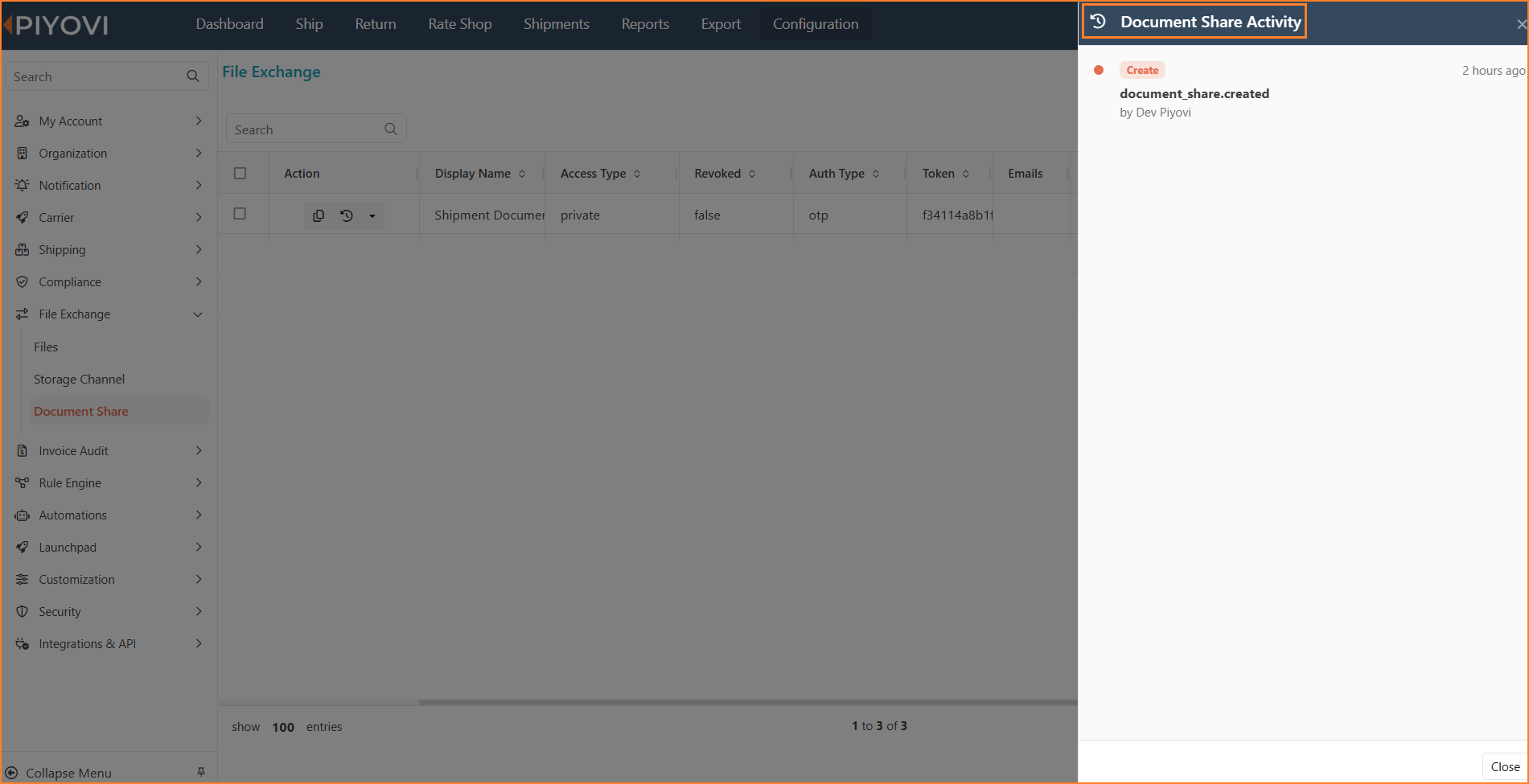 Document Share Activity panel showing an audit trail entry for a document_share created event, including who created it and when