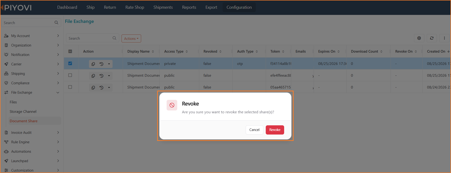 Revoke confirmation dialog asking "Are you sure you want to revoke the selected share(s)?" with Cancel and Revoke buttons