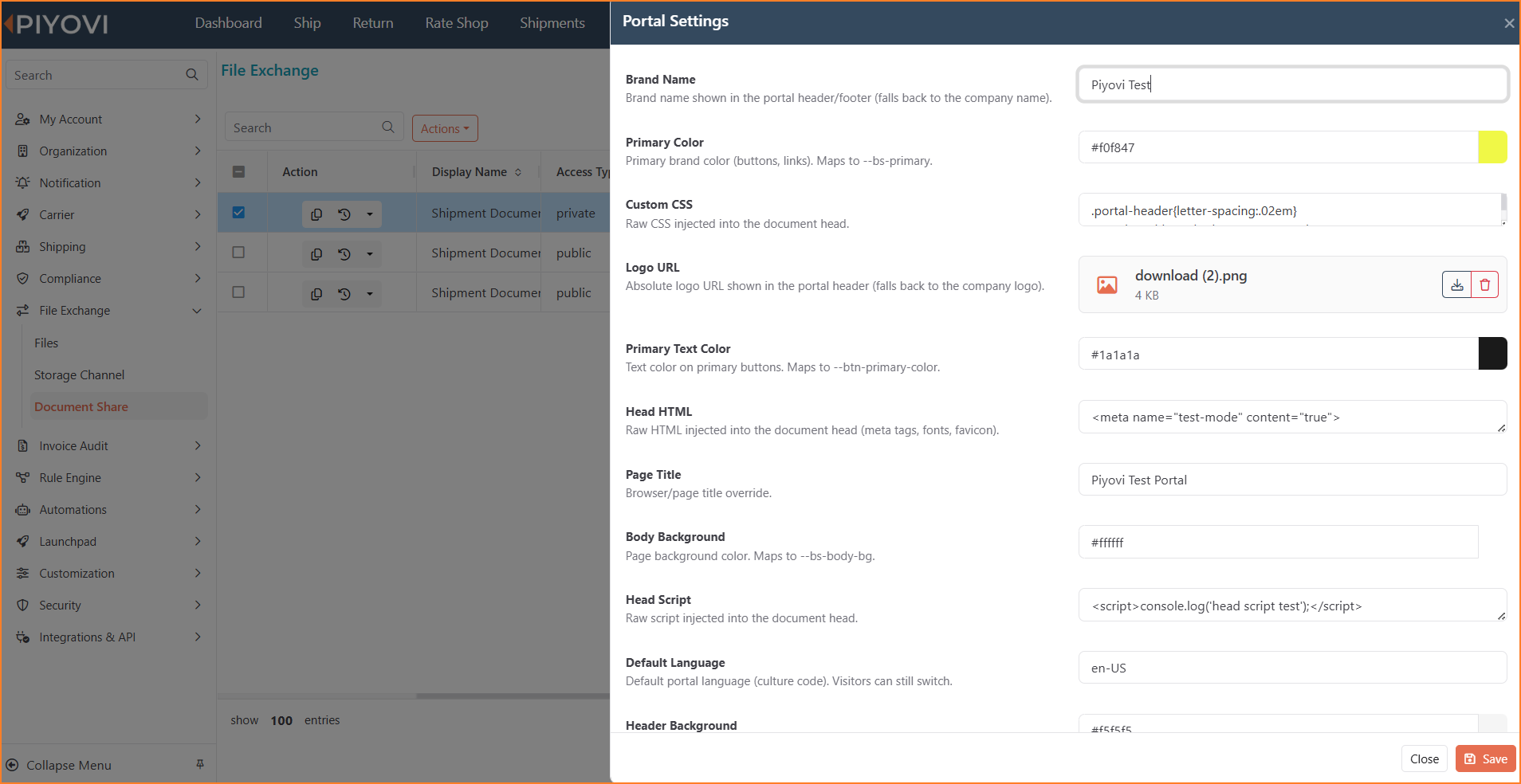 Portal Settings panel showing Brand Name, Primary Color, Logo URL, Primary Text Color, Head HTML, Page Title, and Body Background fields