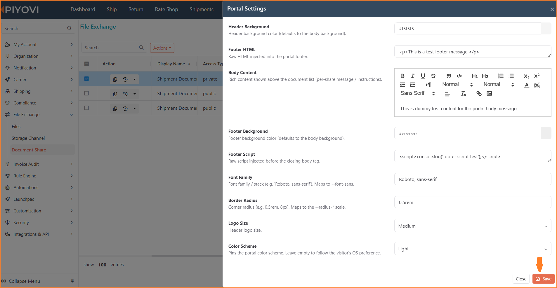 Portal Settings panel showing Header Background, Footer HTML, Body Content rich-text editor, Footer Background, Footer Script, Font Family, Border Radius, Logo Size, and Color Scheme fields, and the Save button