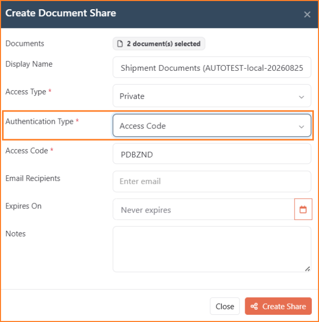 Create Document Share panel with Access Type set to Private and Authentication Type set to Access Code, showing the generated Access Code field