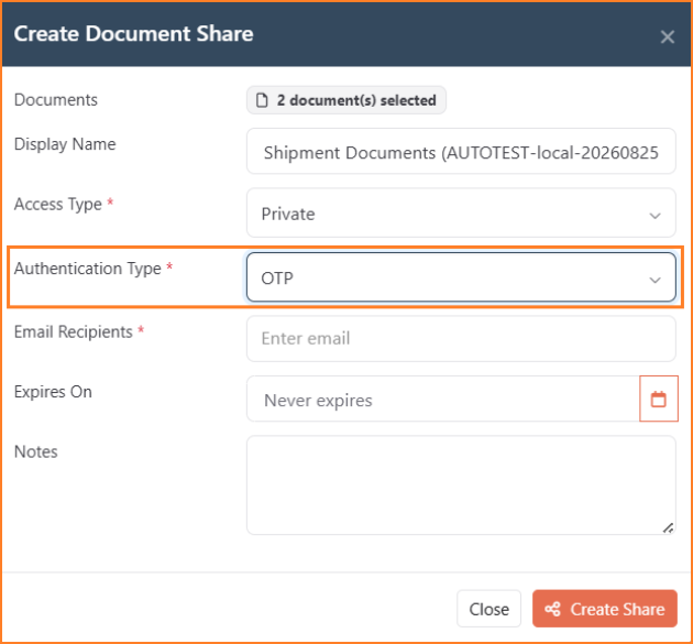 Create Document Share panel with Access Type set to Private and Authentication Type set to Email OTP, showing the required Email Recipients field in place of an access code