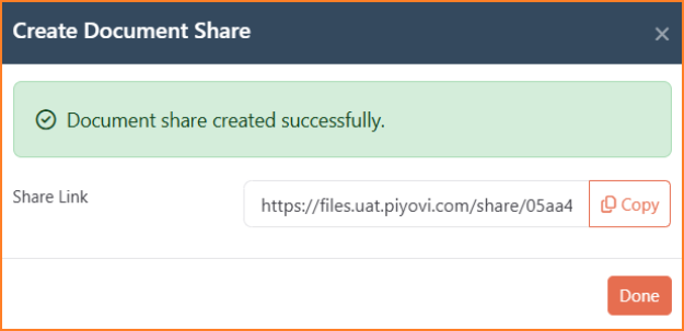 Create Document Share panel confirming the share was created successfully, with the Share Link field and Copy button