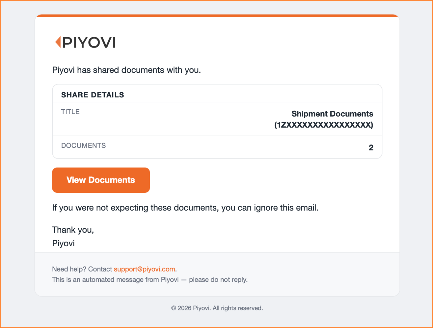 Branded notification email from Piyovi titled "Piyovi has shared documents with you," showing the share title, document count, and a View Documents button