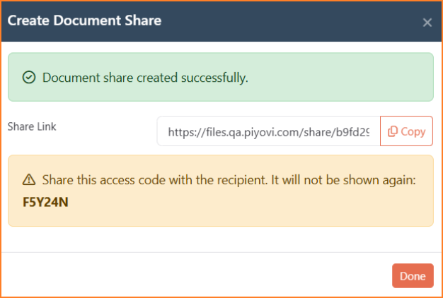 Create Document Share success panel showing the Share Link and a one-time warning displaying the access code to share with the recipient