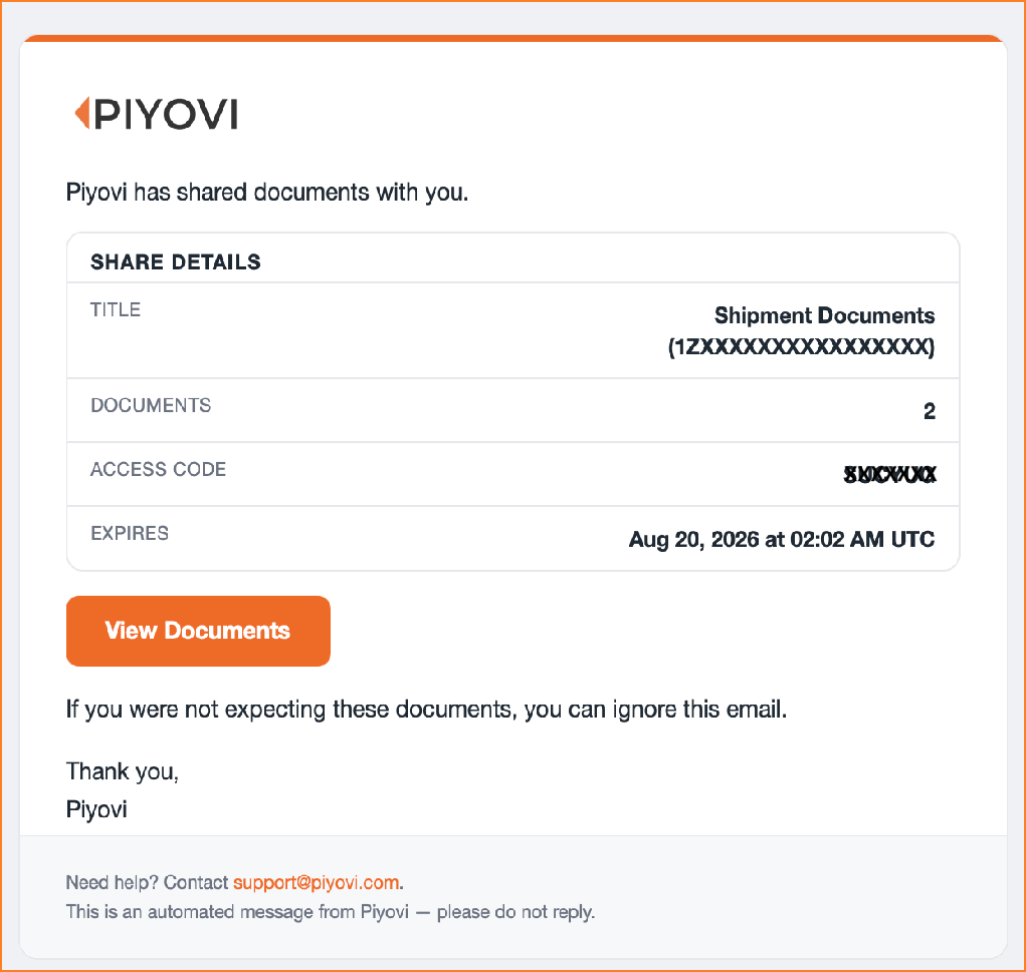 Branded notification email from Piyovi showing the share title, expiration date, document count, and a View Documents button